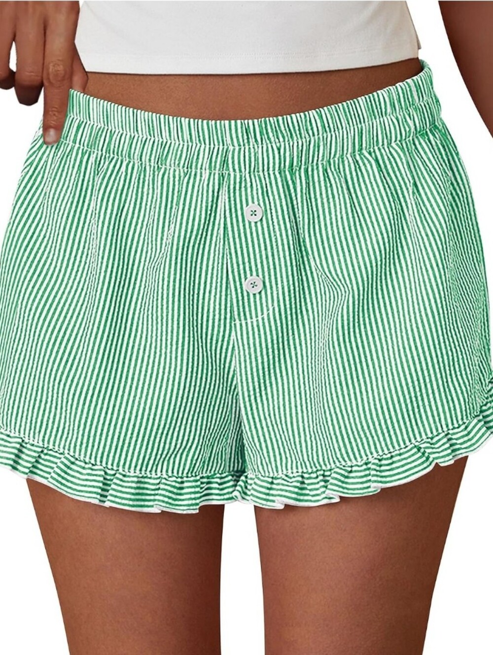Pretty Garden Ruffled Green & White Striped Fashion Boxer Shorts, M